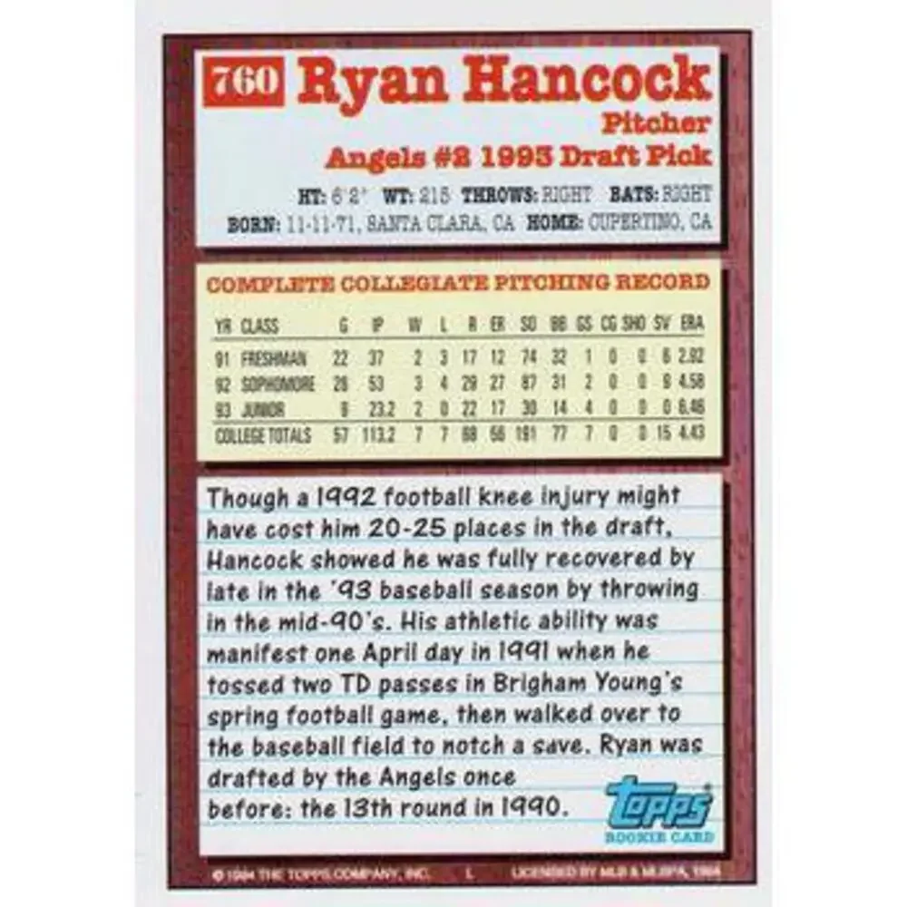 1994 Topps Ryan Hancock DPK, RC # 760 California Angels